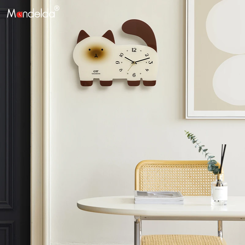 Mandeld免打孔创意猫咪挂钟表客厅装饰墙家用艺术时钟简约挂表