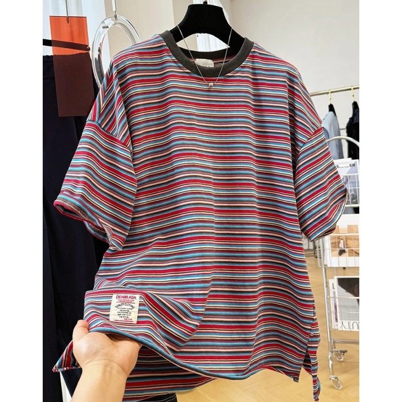 00775慵懒风宽松休闲彩色条纹短袖T恤女夏季超好看半袖上衣ins