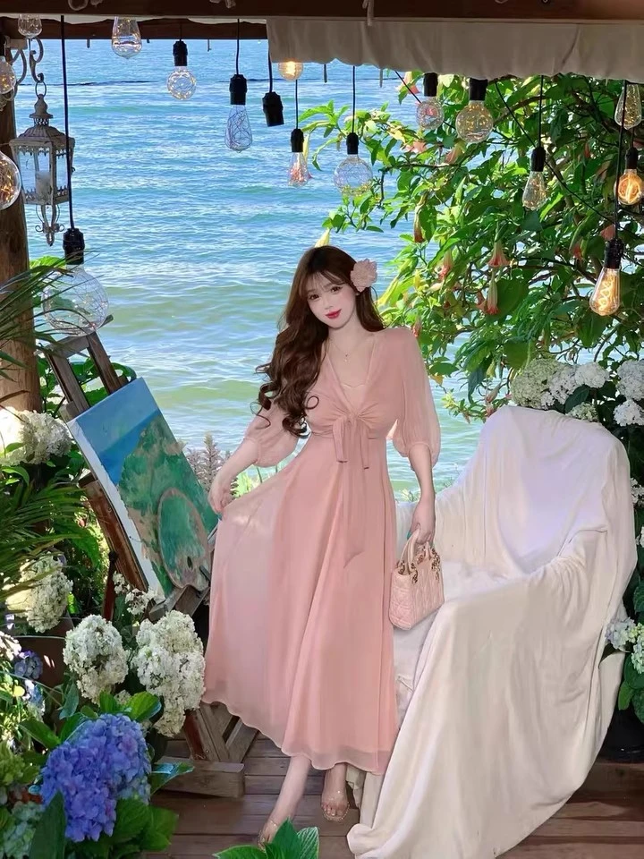 大码微胖法式粉色蝴蝶结绑带连衣裙 胖mm专属粉色长裙遮肉显瘦