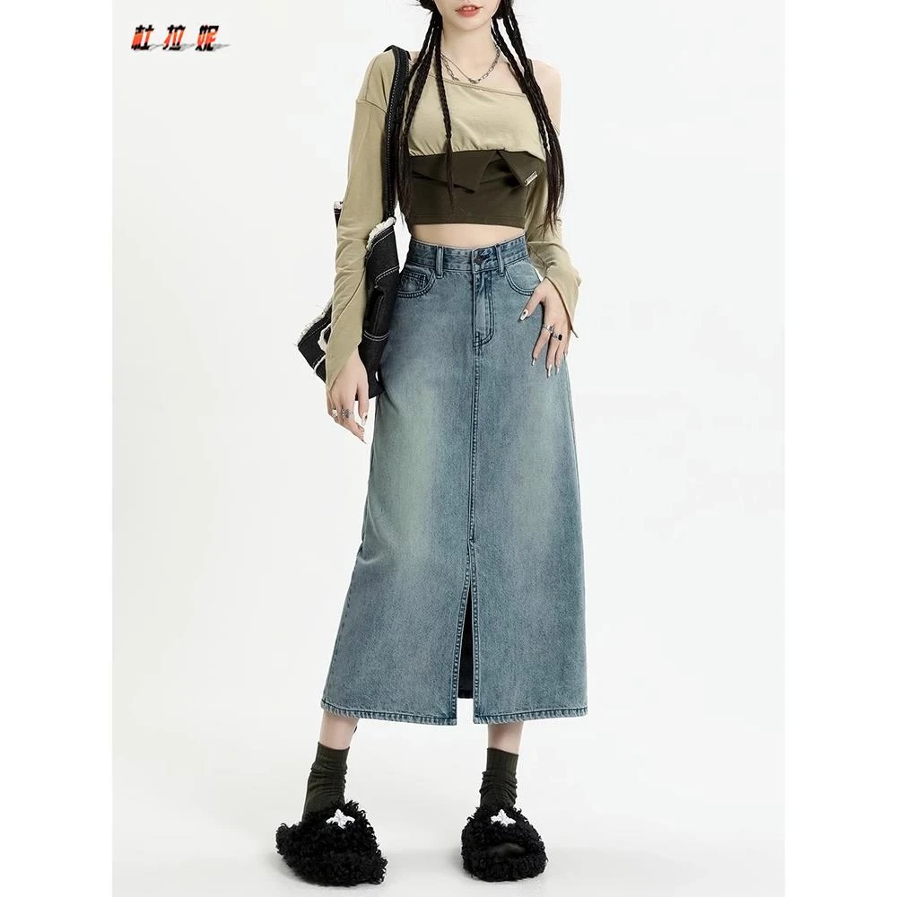 杜拉妮半身裙女士初秋高腰遮胯a字裙子大码胖mm开叉牛仔半身裙ins