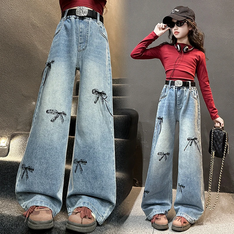 女童牛仔裤春秋新款中大童装宽松印蝴蝶结直筒裤儿童休闲阔腿裤子