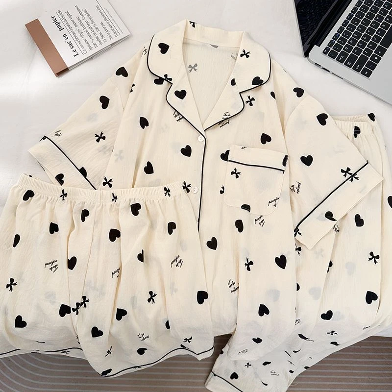 三件套韩系爱心睡衣女夏季云朵棉短袖简约网红ins风春秋天家居服