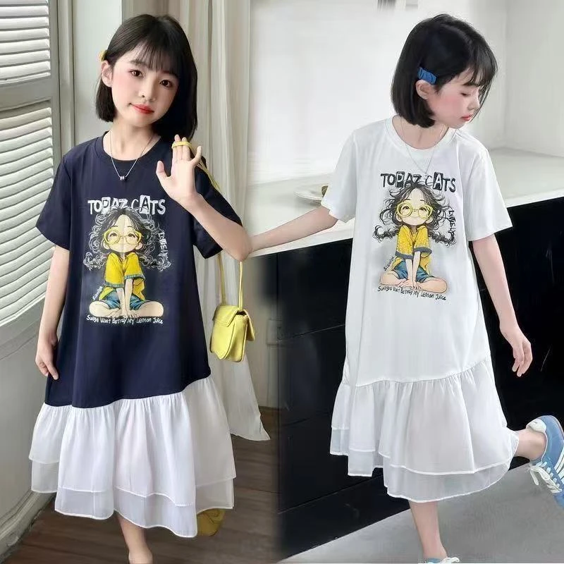 女童中大童拼接款纯色女夏季短袖连衣裙A字裙miu系大小姐