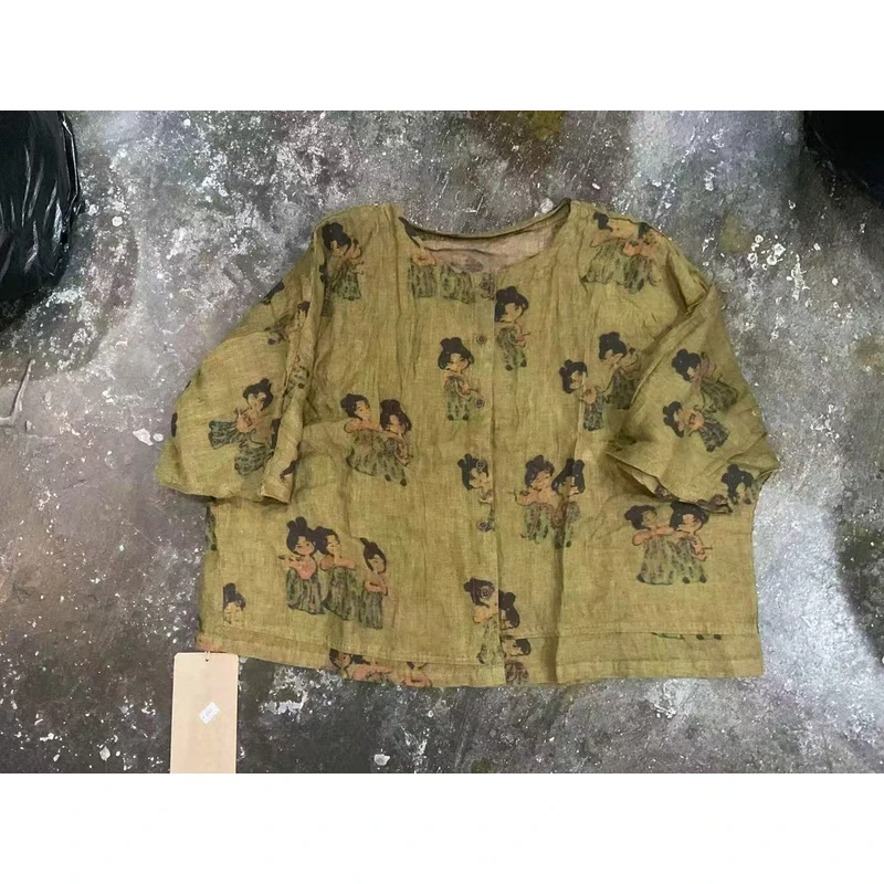 FF6965森女族夏季新款复古炒色做旧亚麻个性印花圆领系扣短袖衬衫