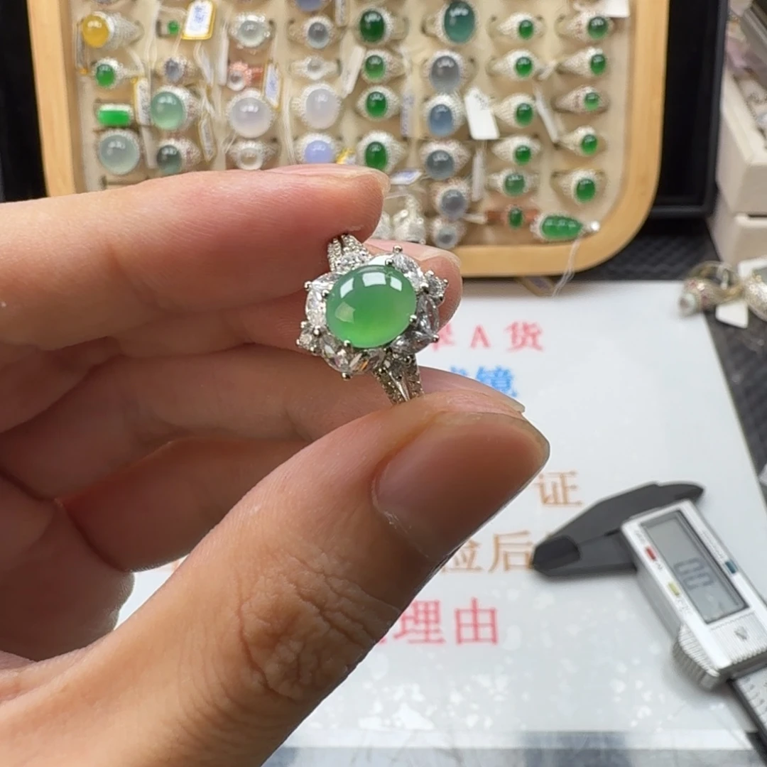 银S925镶嵌戒指翡翠天然缅甸翡翠A货