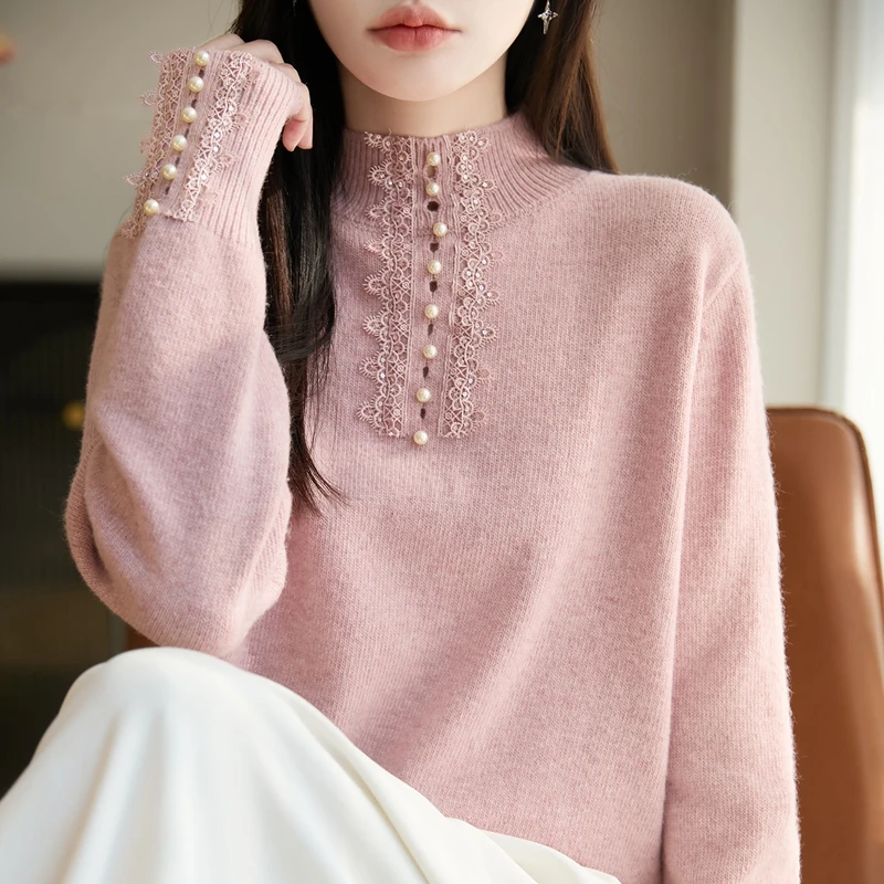 哥弟阿玛施正品2026爆款珍珠时尚羊毛衫内搭女秋冬百搭半高领毛衣