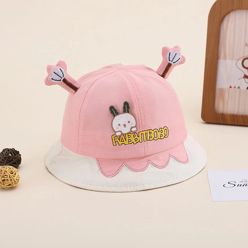 8-30个月粉色兔子渔夫帽女宝卡通字母可爱薄款童帽帽子休闲风
