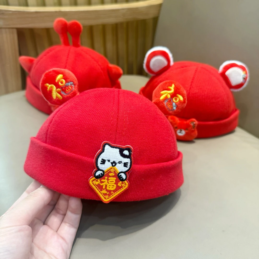 宝宝红色帽子婴儿周岁帽喜庆春秋款婴幼儿地主帽小月龄抓周瓜皮帽