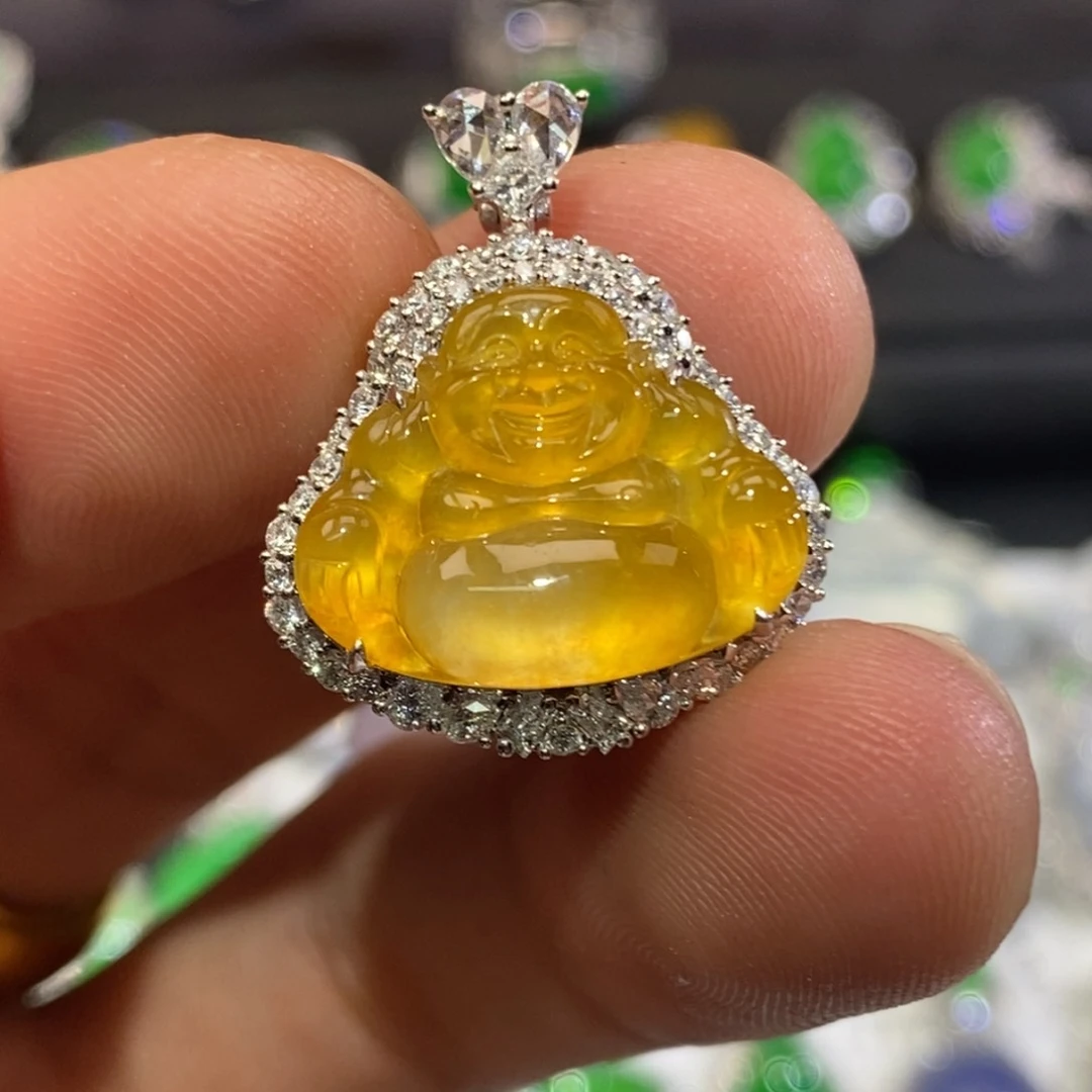 吊坠(不含链)18K金镶嵌翡翠冰黄佛公