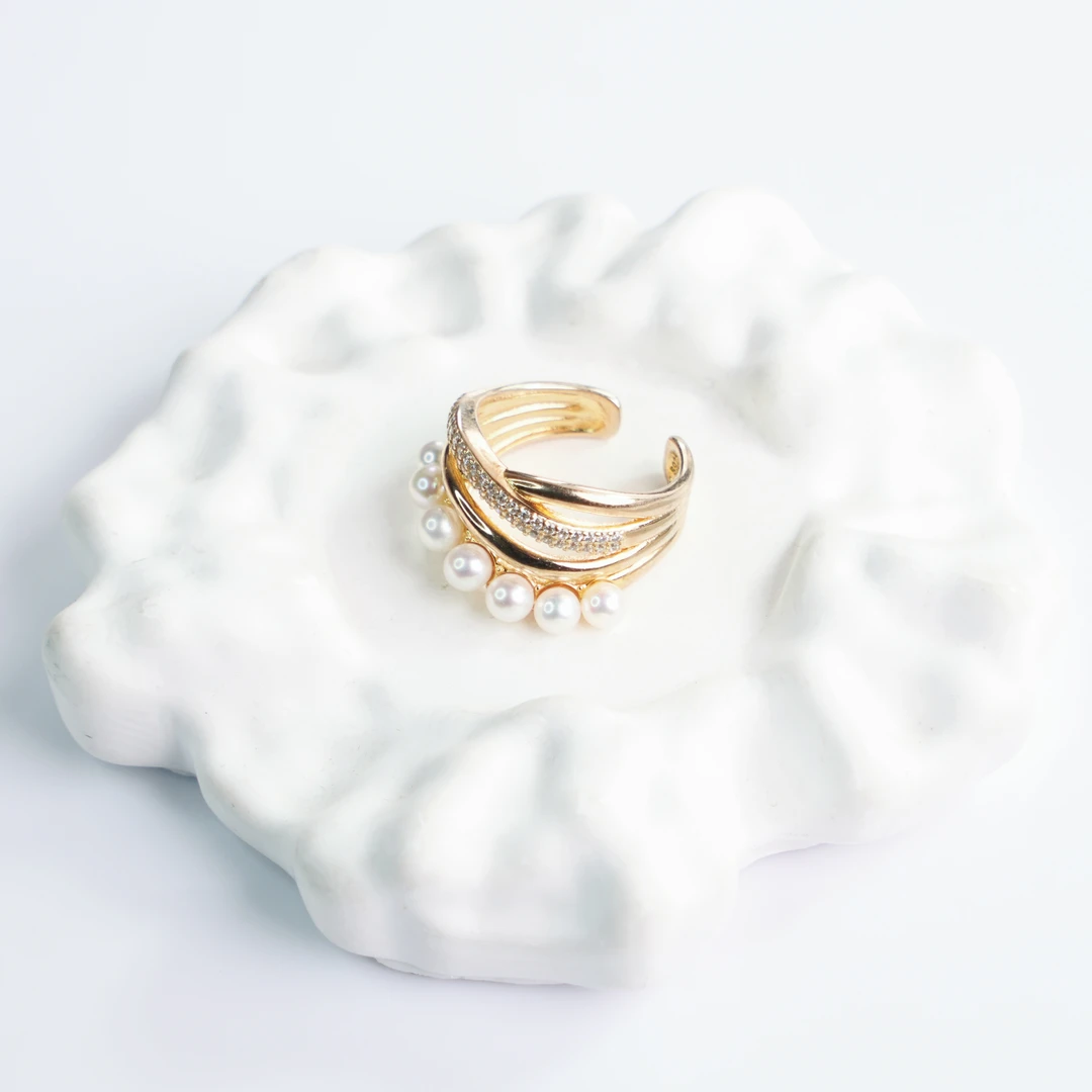 【大D】年末福利/时尚款三层设计感淡水白珠戒指/3-4MM