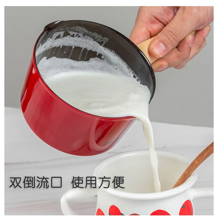 搪瓷红色双导流口带刻度小奶锅泡面锅