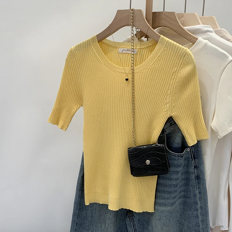 【部份现】2025夏季新款圆领短袖针织衫小众百搭修身显瘦上衣M1064