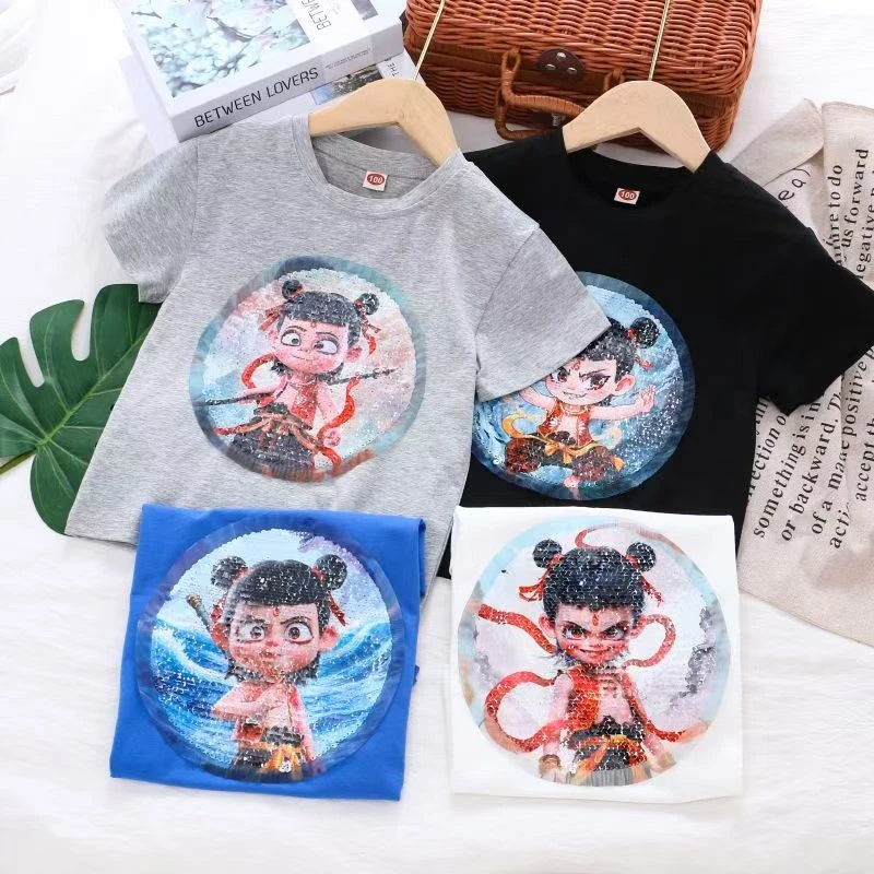 童装夏季新款哪吒之魔童闹海变色亮片短袖T恤男童卡通短袖t恤上衣