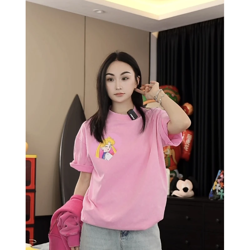 【劉發發】W529【粉色美少女】新款韩版休闲时尚圆宽松圆领短袖T恤