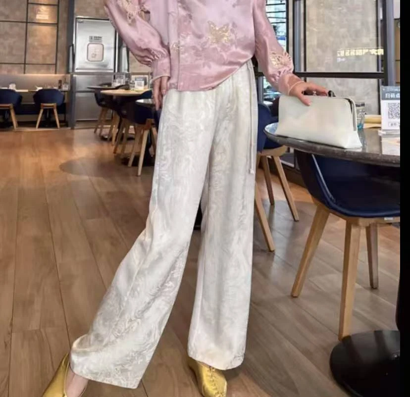 女夏款中国风时尚提花休闲年轻显瘦凉感百搭直筒裤子