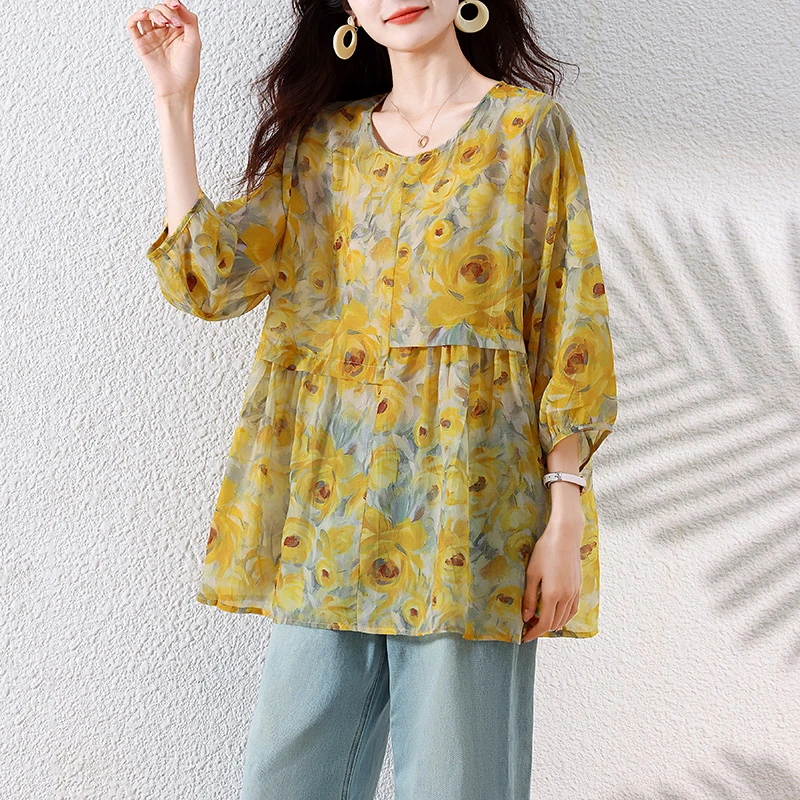 大码碎花雪纺衫女夏季2025新款时尚减龄洋气小衫宽松遮肚显瘦上衣