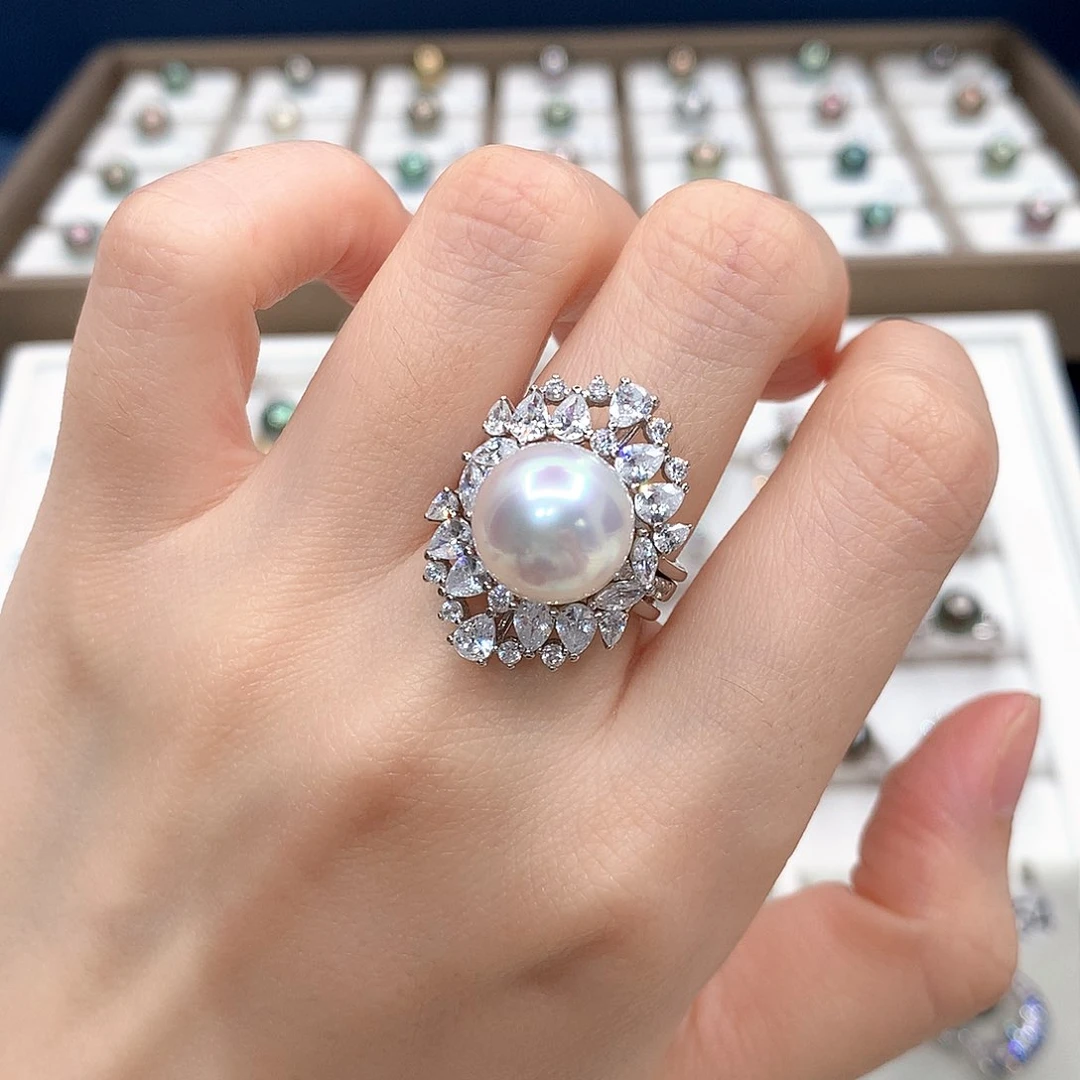 银S925镶嵌戒指海水珍珠天然海水澳白戒指（一款多戴）
