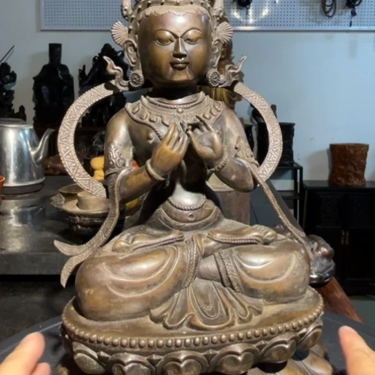 陈***祥香榧木莲花生铜摆件