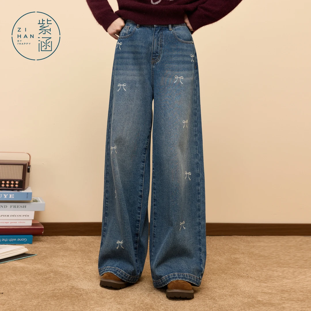紫涵拖地阔腿牛仔裤女2025冬季新款蝴蝶结印花水洗蓝高腰休闲长裤