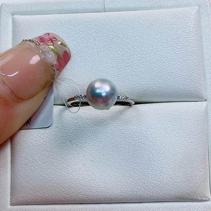 海水珍珠戒指银S925镶嵌7-8