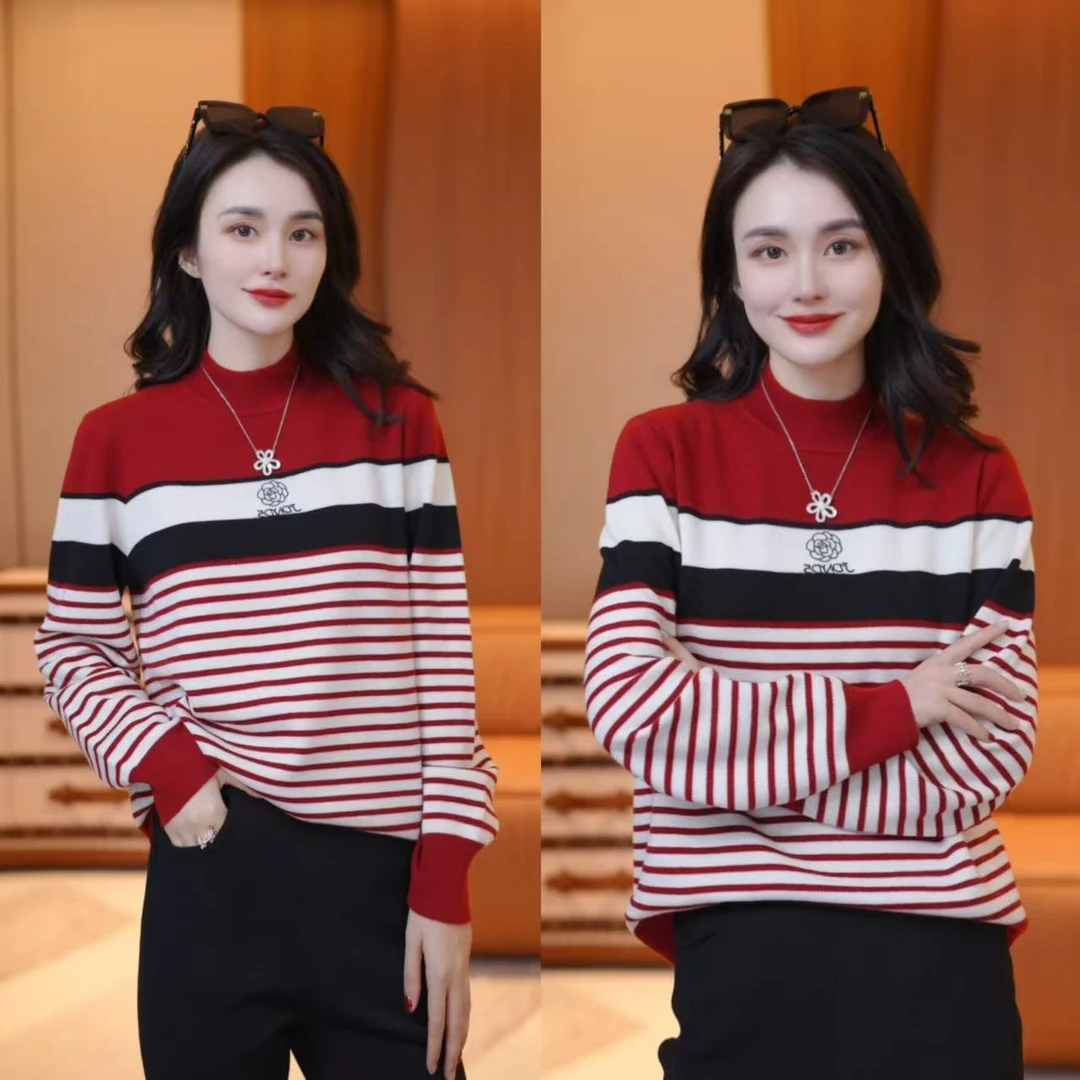 JDND轩羽【山茶花撞色】优雅显瘦亲肤半高领毛针毛衣XY251171