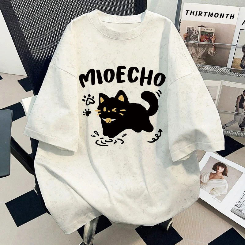 男女童夏季新款蜡染短袖t恤卡通黑猫印花百搭洋气中大童扎染上衣