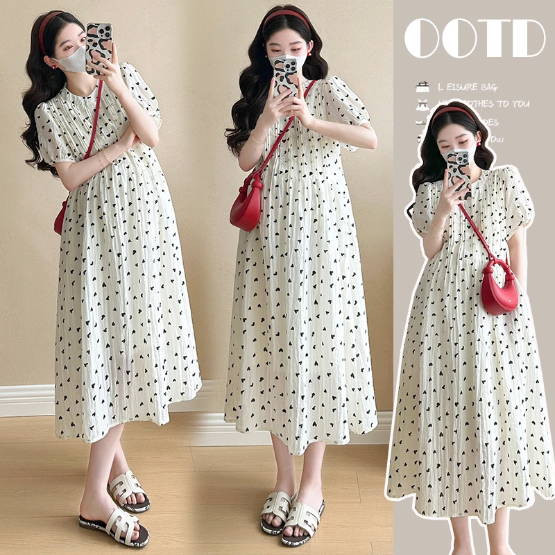 孕妇装2025夏季新款圆领打揽设计感小清新孕妇连衣裙中长款显瘦