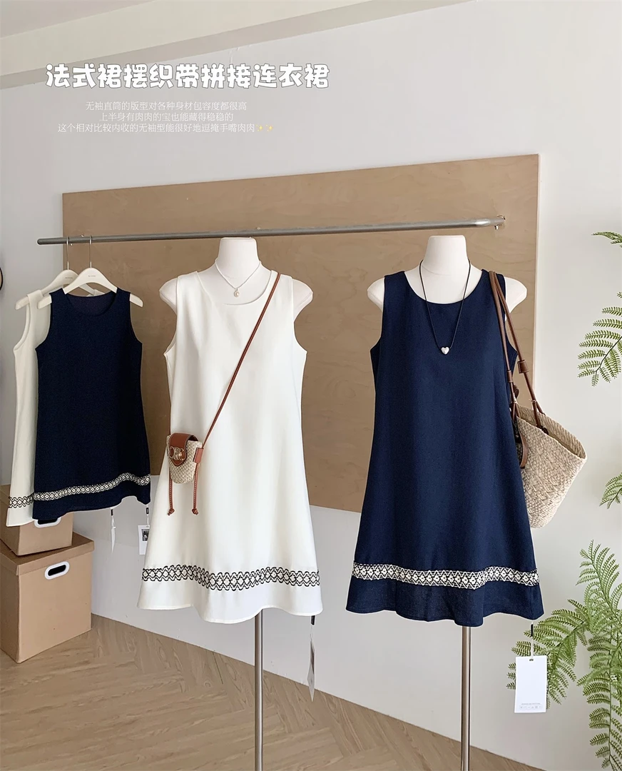 (曼城午后）老钱风微胖穿搭亚麻显瘦无袖刺绣连衣裙洋气减龄L5292#