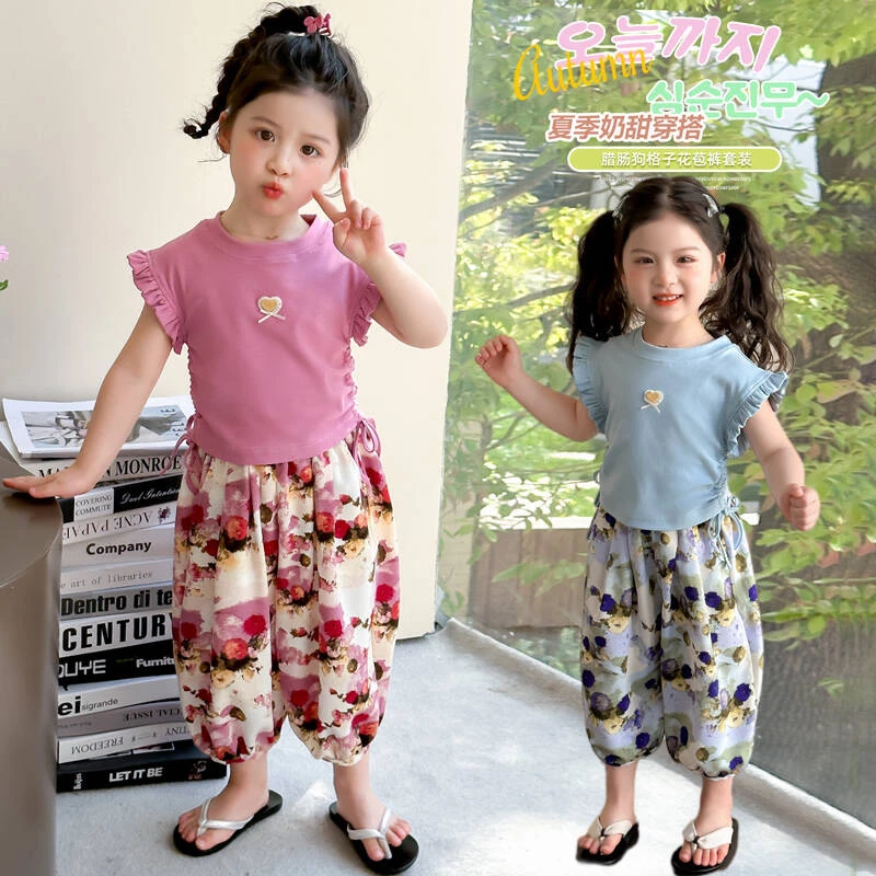 女童短袖套装洋气儿童夏季新款小女孩碎花防蚊裤休闲两件套夏装潮