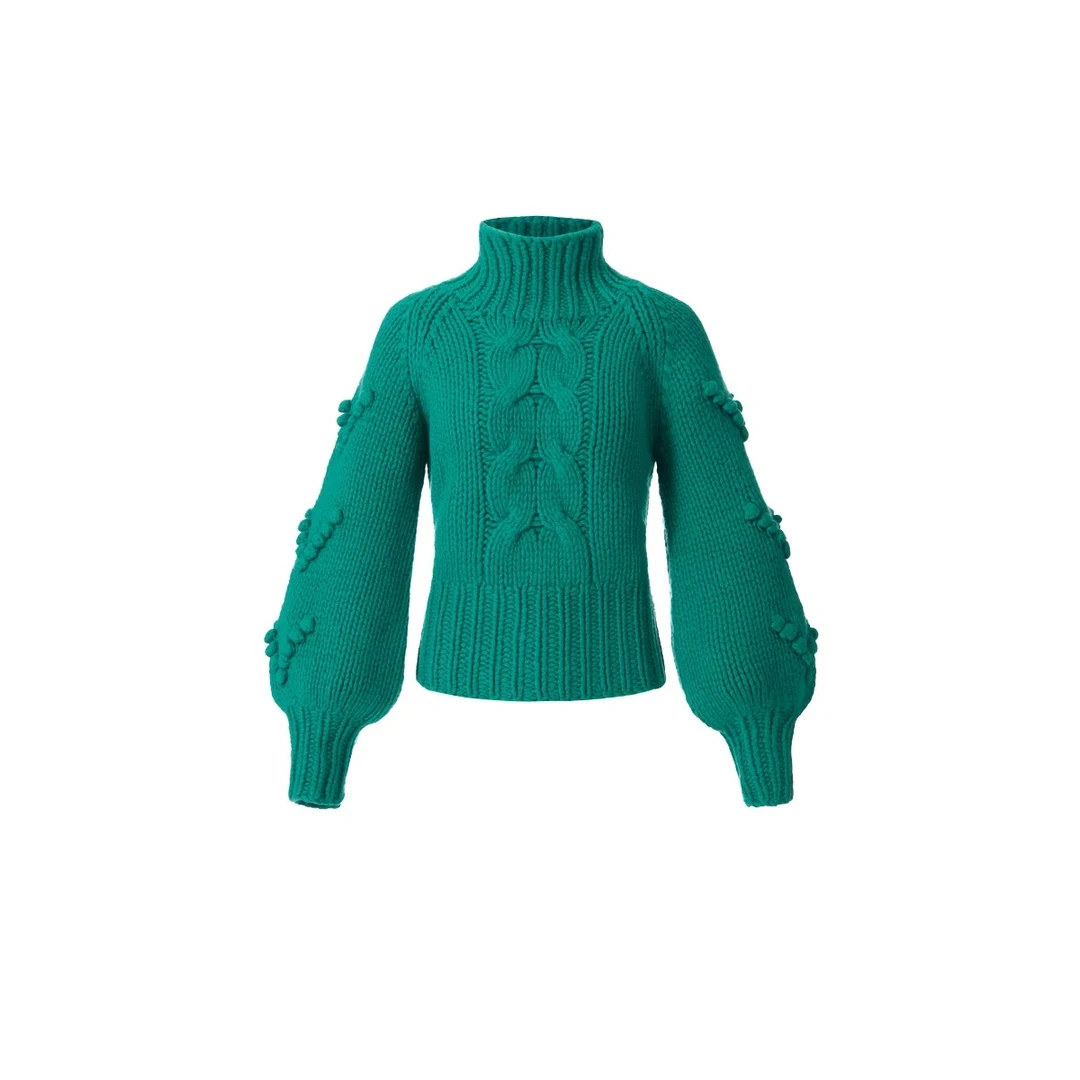 【绿茵】2024年秋冬新品 如茵绿立体变针高领泡泡袖毛衣女.Y7693