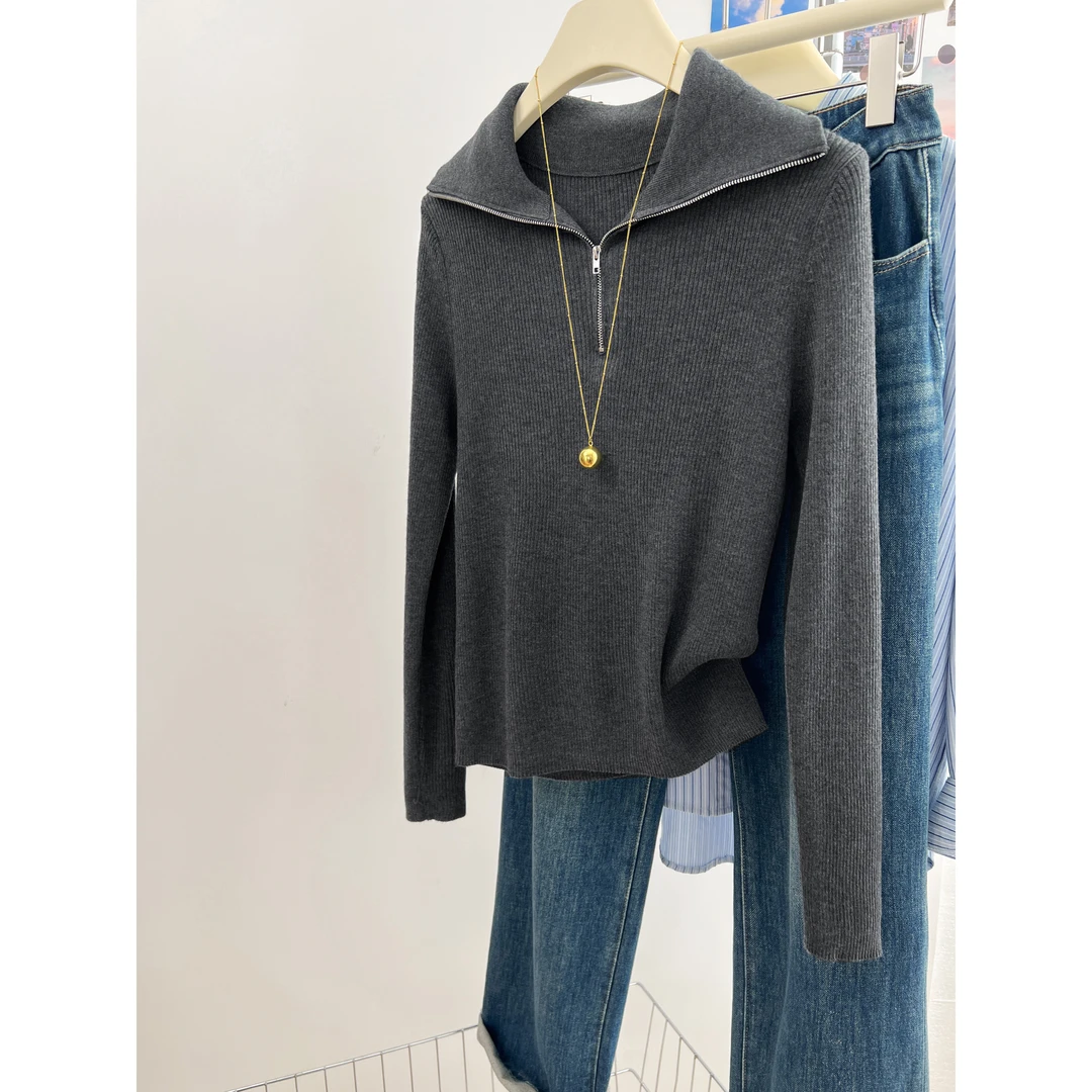 高级感半开拉链翻领毛衣女秋冬法式时尚修身长袖针织衫百搭打底衫