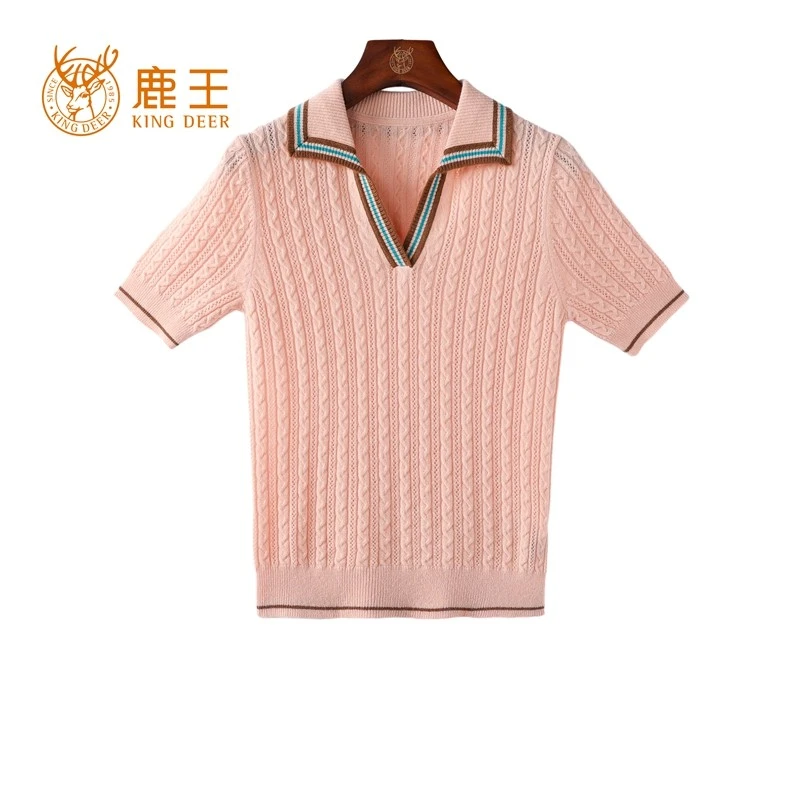 编码3M594鹿王24秋冬女T恤领100山羊绒时尚绞花短袖修身针织套衫