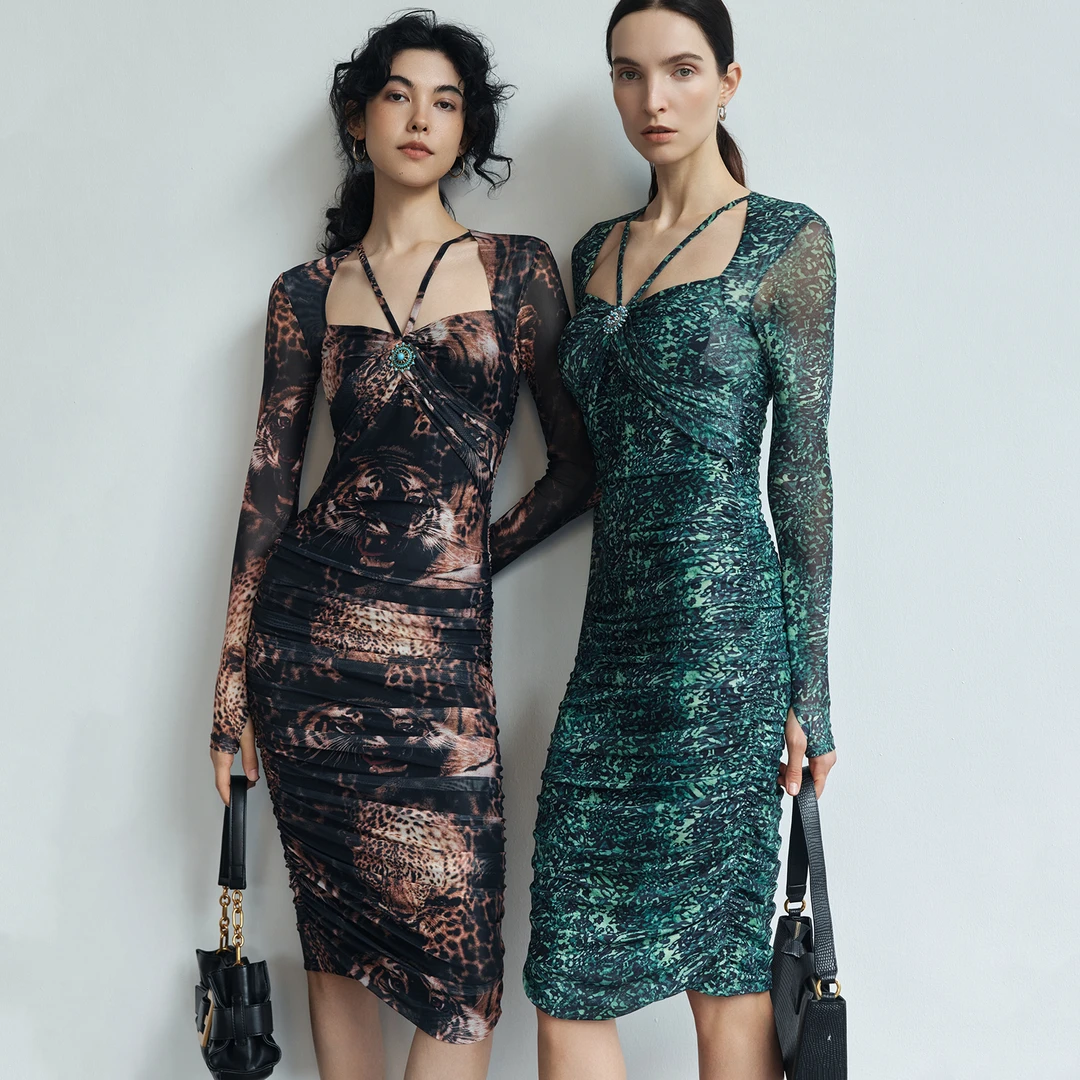 Z老板 弹力网纱 印花连衣裙女夏季小众设计修身显瘦弹力挂脖裙子