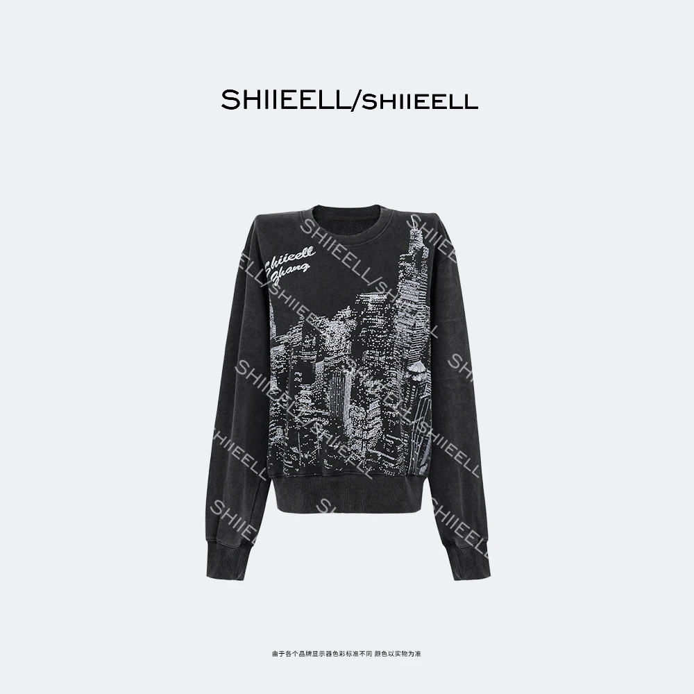 SHIIEELL【夜景日记】设计感棉质品牌爆闪贴钻圆领正肩卫衣Z1139