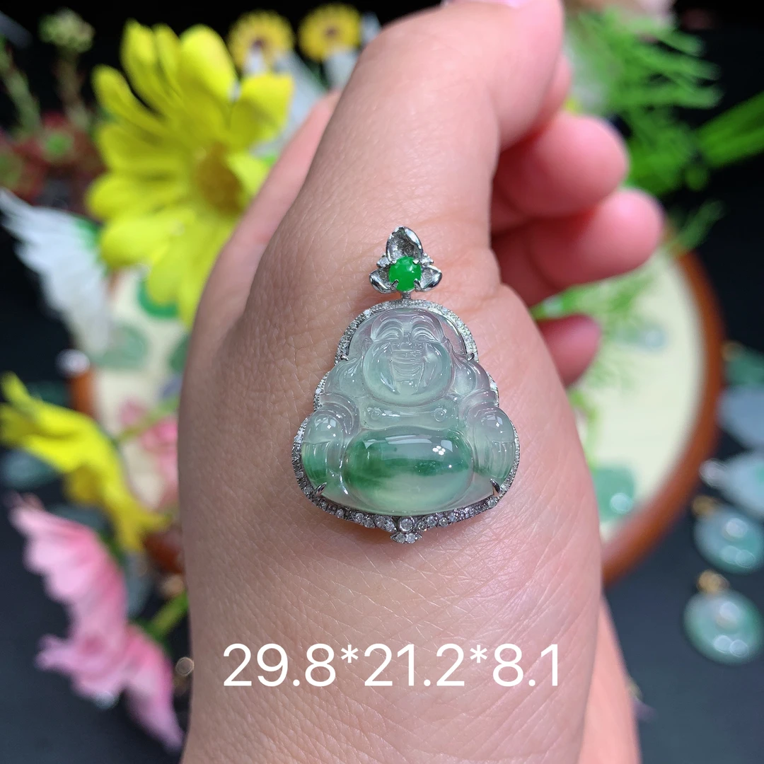 缅甸翡翠A货冰种飘花佛公飞挂件水润百搭精冰精玉美妈妈精美气质