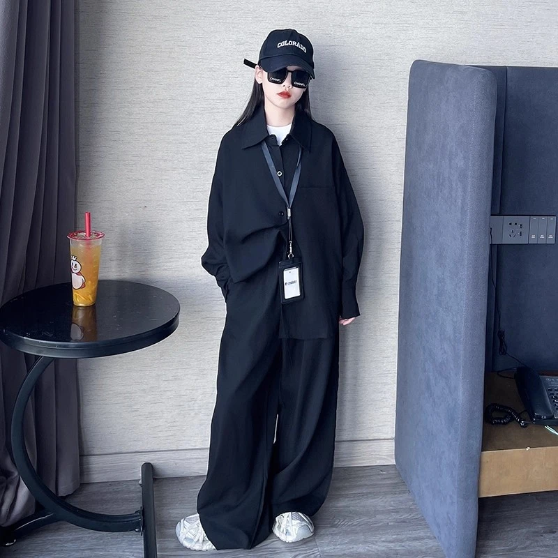 女童早秋时尚休闲套装2025新款宽松慵懒黑色衬衫慵懒风阔腿裤套装