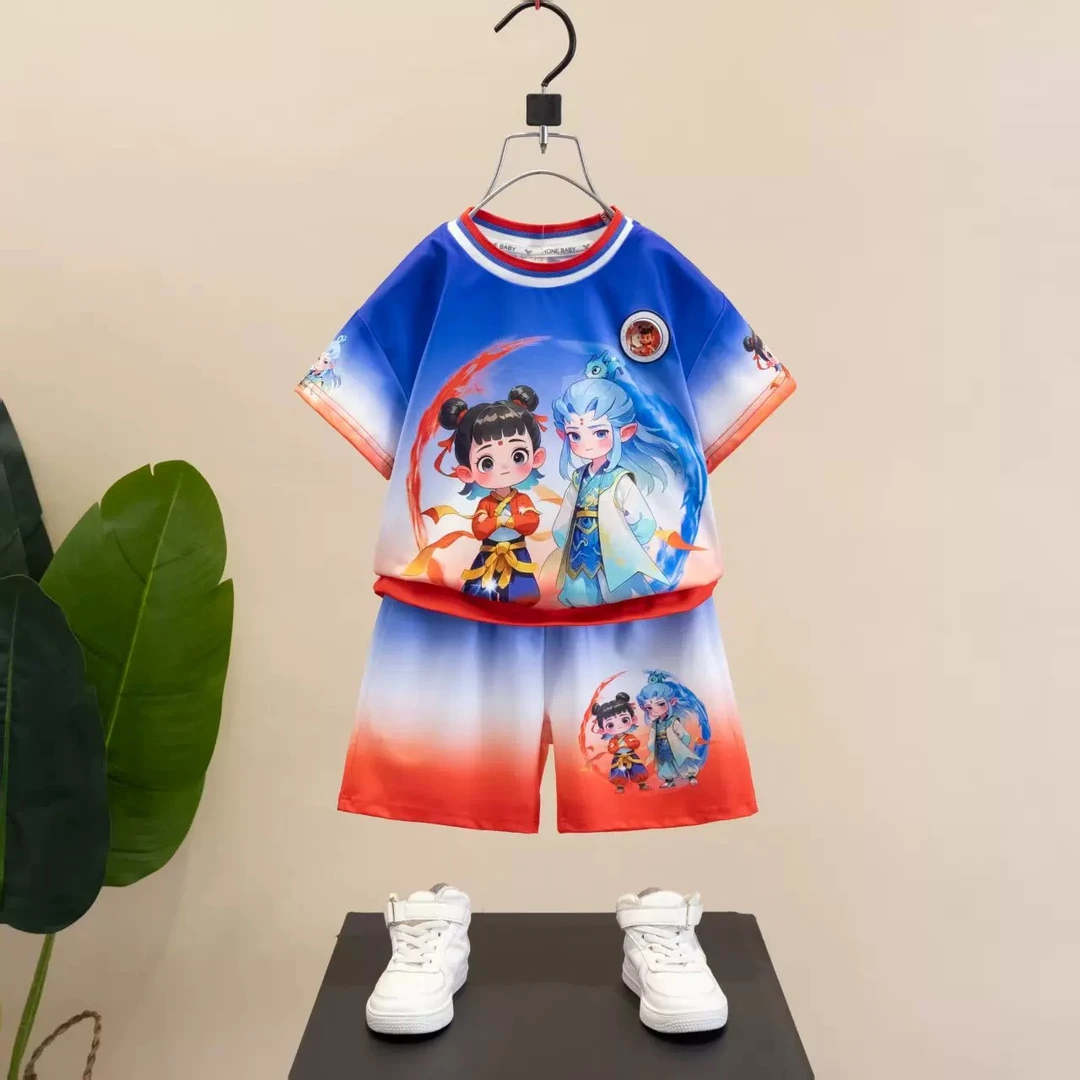 哪吒冰丝速干套装夏季儿童新款夏装运动短袖短裤洋气奥特曼中小童