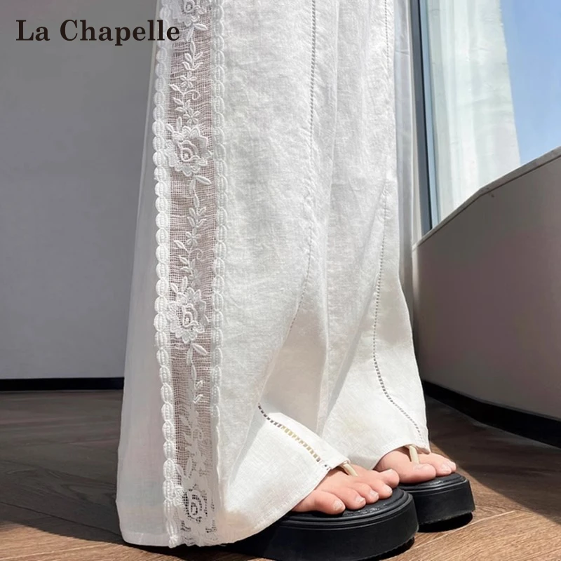 拉夏贝尔蕾丝镂空阔腿裤女夏季薄款防晒冰丝速干直筒天丝亚麻裤子