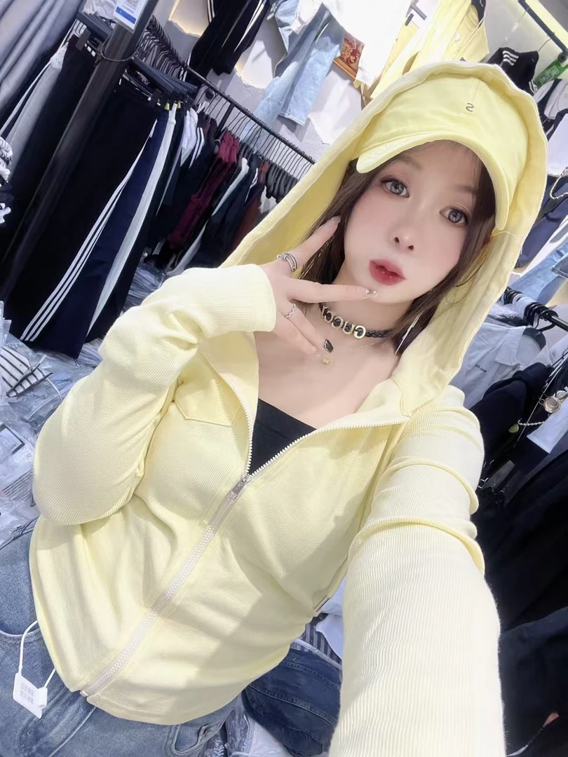 黄色修身防晒衣瑜伽服薄款开衫外套长袖短款夏季上衣88221