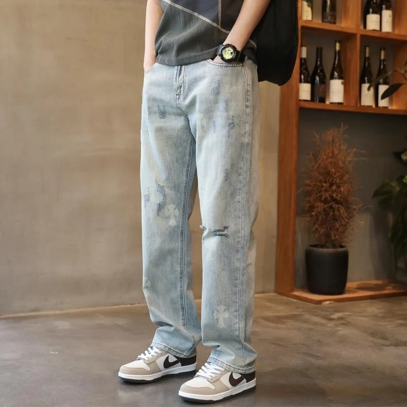 男士破洞牛仔裤直筒宽松裤子潮牌2025春夏新款痞帅休闲浅色男裤