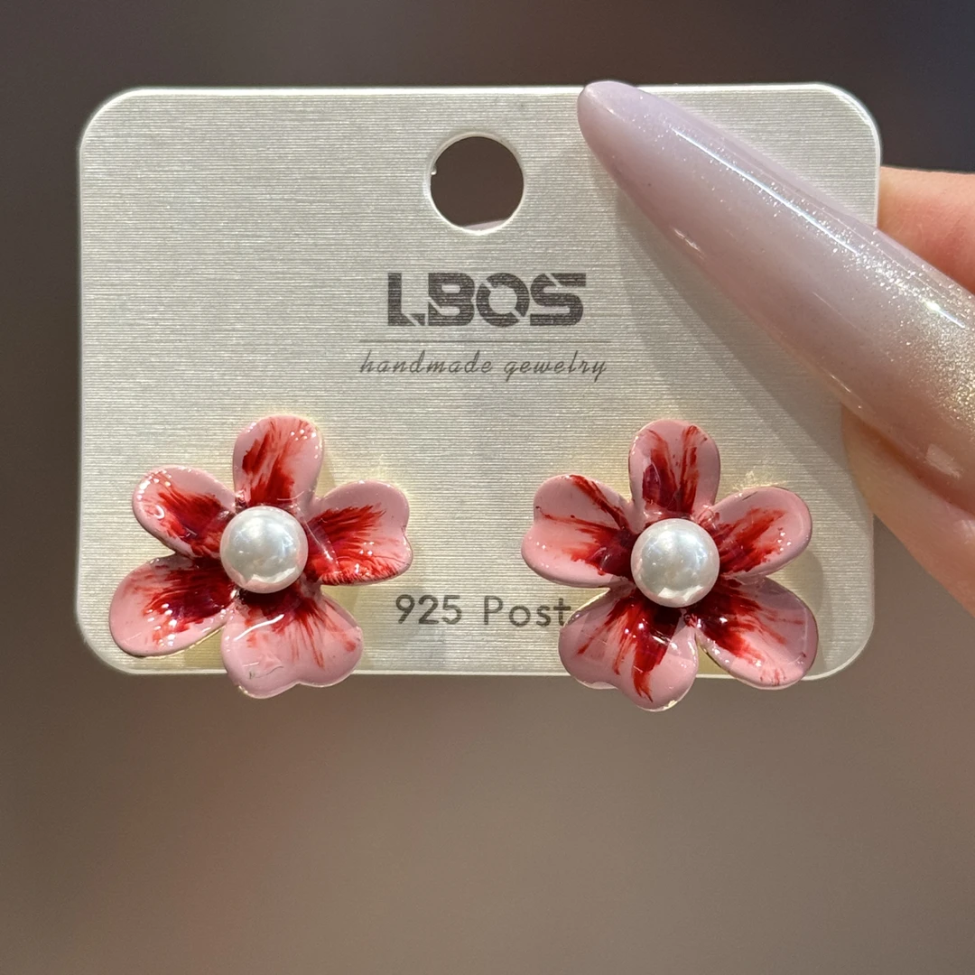 铜合金珐琅耳饰 新年粉红花朵珐琅滴釉耳钉轻奢高级感独特精致女