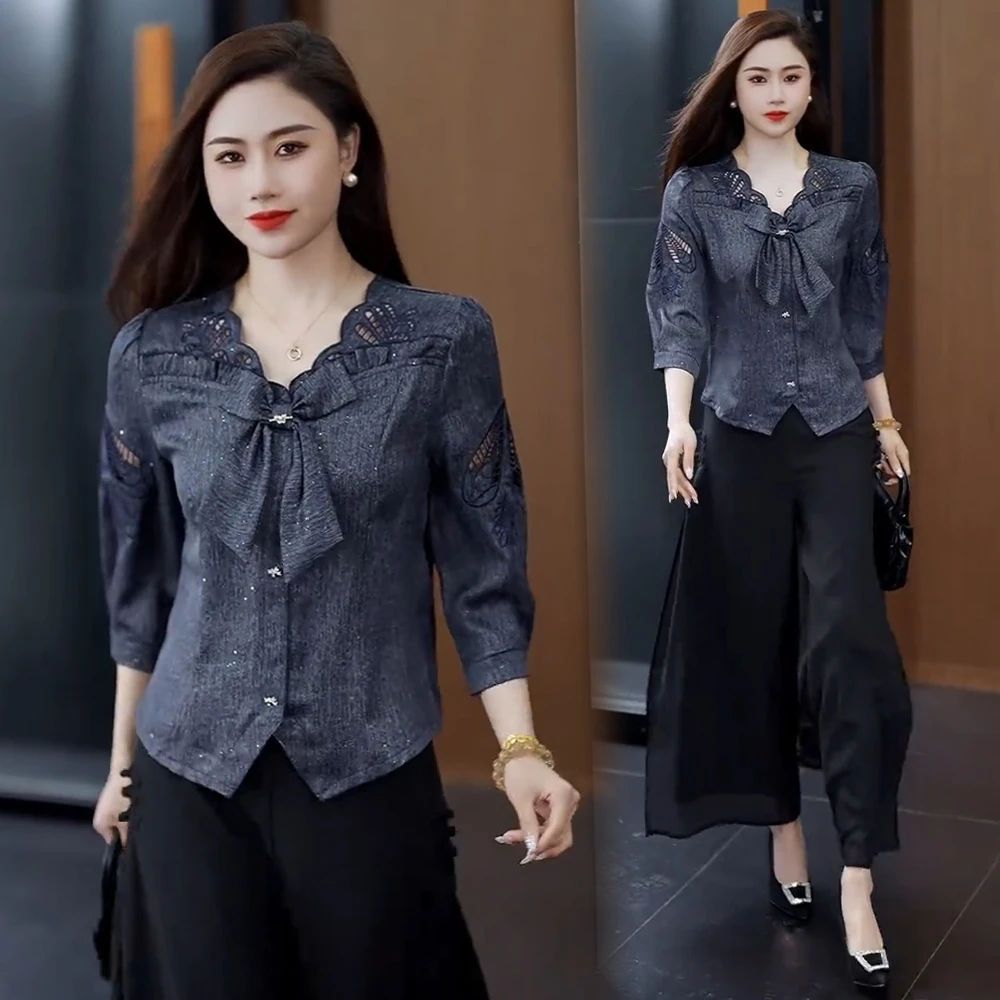 休闲风中国风时尚套装蕾丝衬衫洋气百搭小衫七分袖上衣宽松气质
