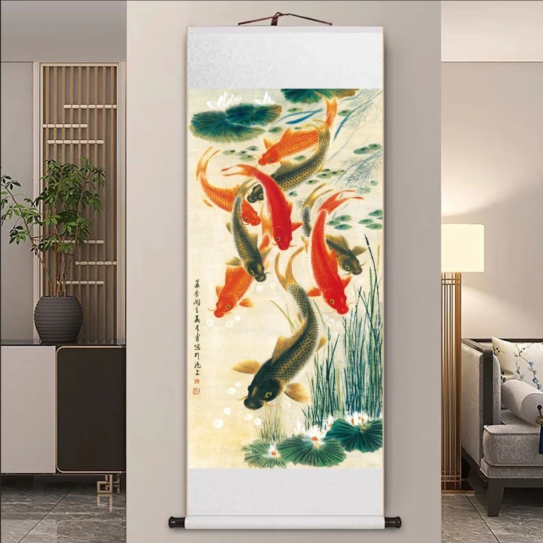 【现代高清微喷装饰画】九鱼图（宽47，高140）