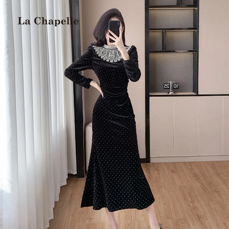 拉夏贝尔高级感女王范绝美连衣裙时尚气质宫廷风重工镶钻晚礼服女