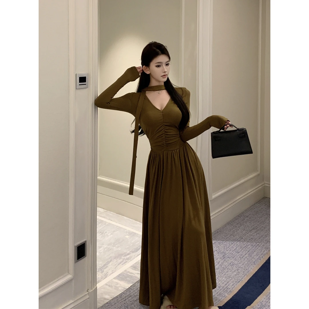 GAOZHI 时尚小众针织A字裙褶皱法式连衣裙打底v领修身秋季裙子