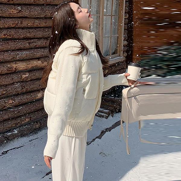 小个子短款羽绒棉服女装针织拼接立领棉衣冬季加厚保暖外套高级感