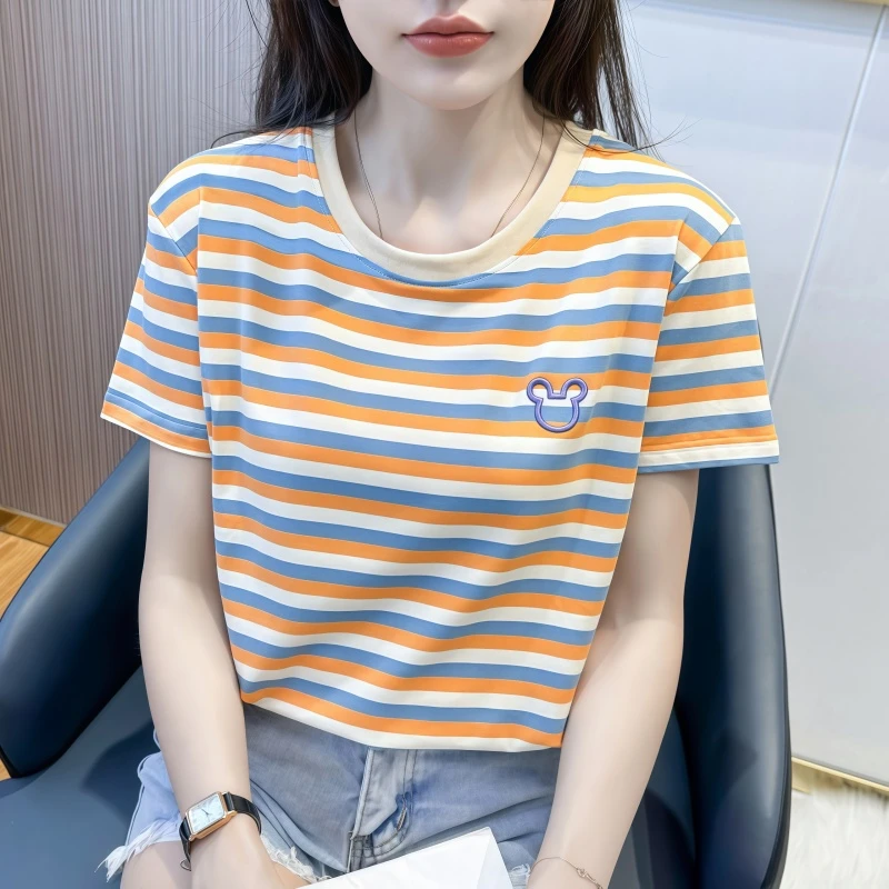 圆领条纹t恤女短袖宽松显瘦夏季2025年新款半袖百搭体恤正肩上衣