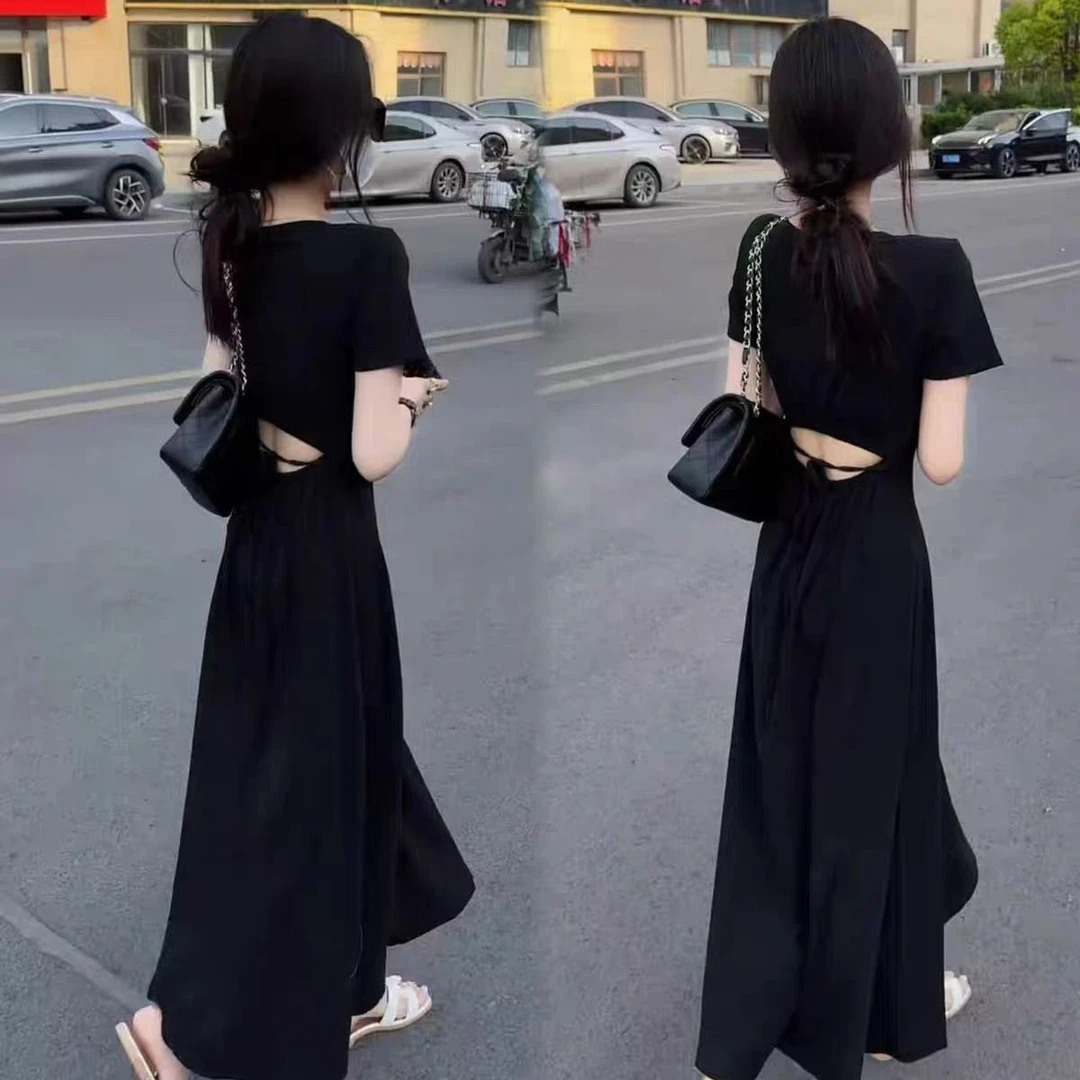 法式赫本设计感露腰短袖连衣裙女2025夏季新款收腰显瘦气质长裙子