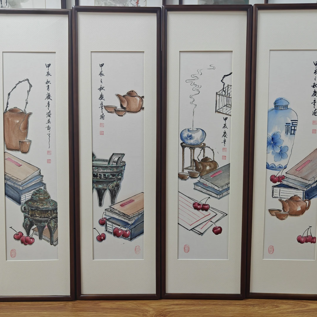 马庆章《禅意四条屏》客厅办公室背景带框尺寸92*27厘米