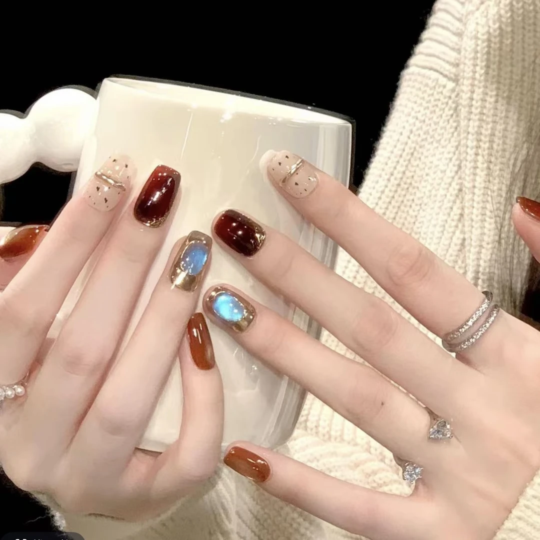 【蓝月光】秋冬蓝宝石猫眼纯手工鎏金穿戴甲气质显白短款美甲式贴片